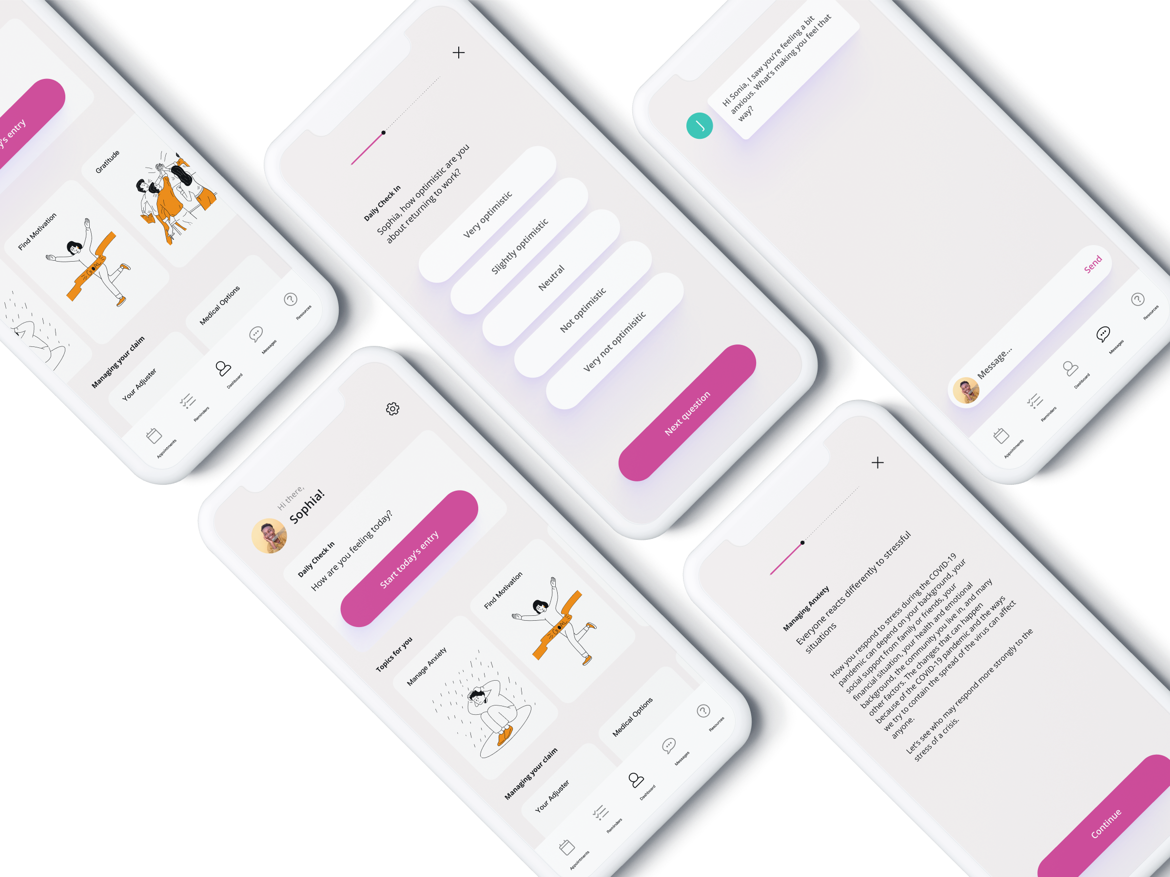   Examples of other app supporting screens, including the EMA questionnaire, chat, and the ability to scroll through other support topics  