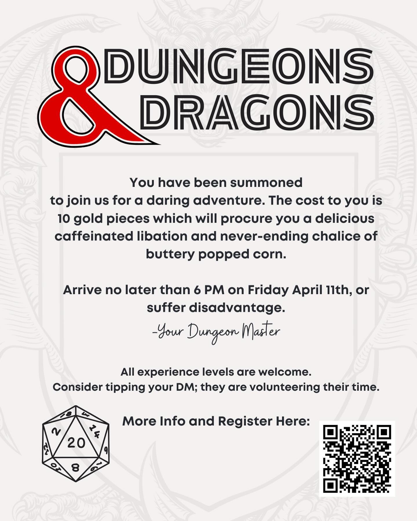Grab your dice and your character sheets because D&amp;D night is BACK for another one shot here at the shop! There are limited tickets so register NOW on the Lost and Found coffee website to reserve your spot!