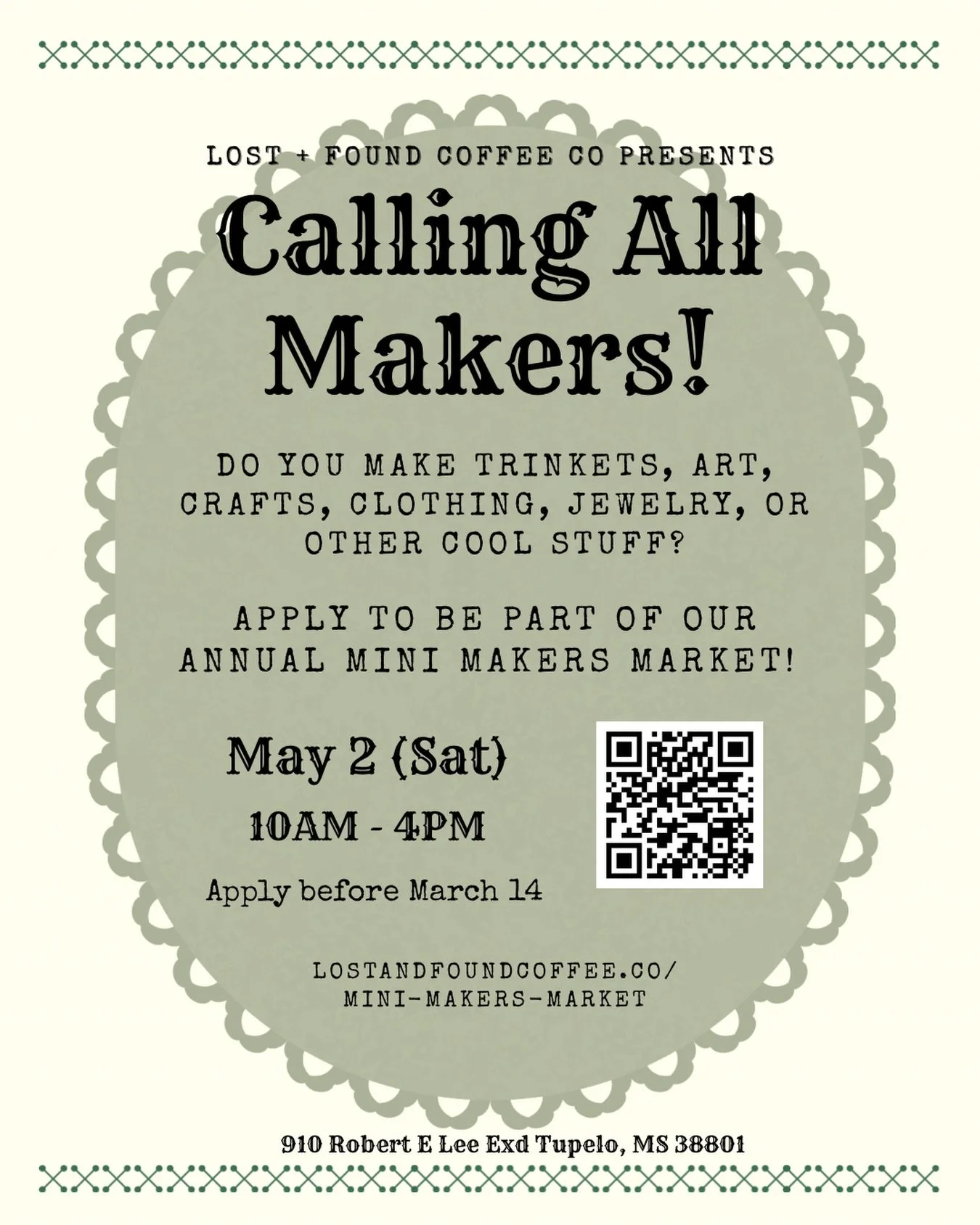 Final call for Maker&rsquo;s Market applications! If you would like to apply to be apart of our annual maker&rsquo;s market, go to the link in our bio by March 14th!