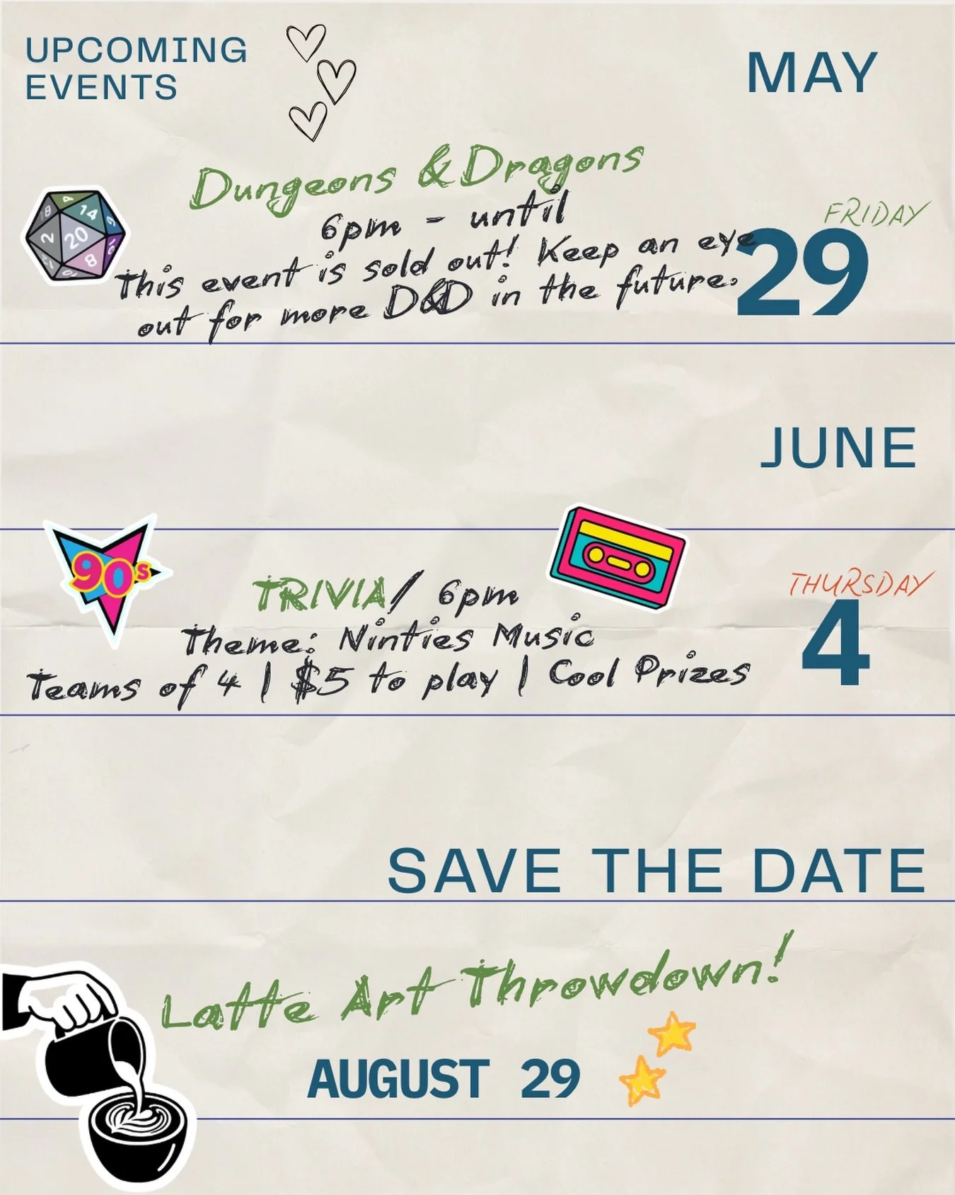 Summer events line up! And especially don&rsquo;t forget to mark Latte Art Throwdown on your calendar. It&rsquo;s gonna be a night you WON&rsquo;T want to miss!