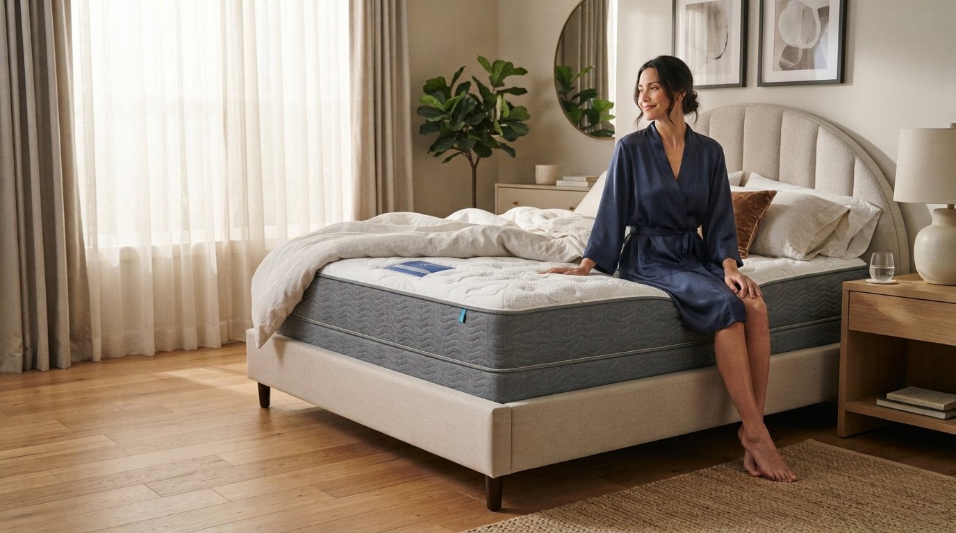 Luxury handcrafted hospitality mattress in an elegant modern bedroom setting during early morning.
