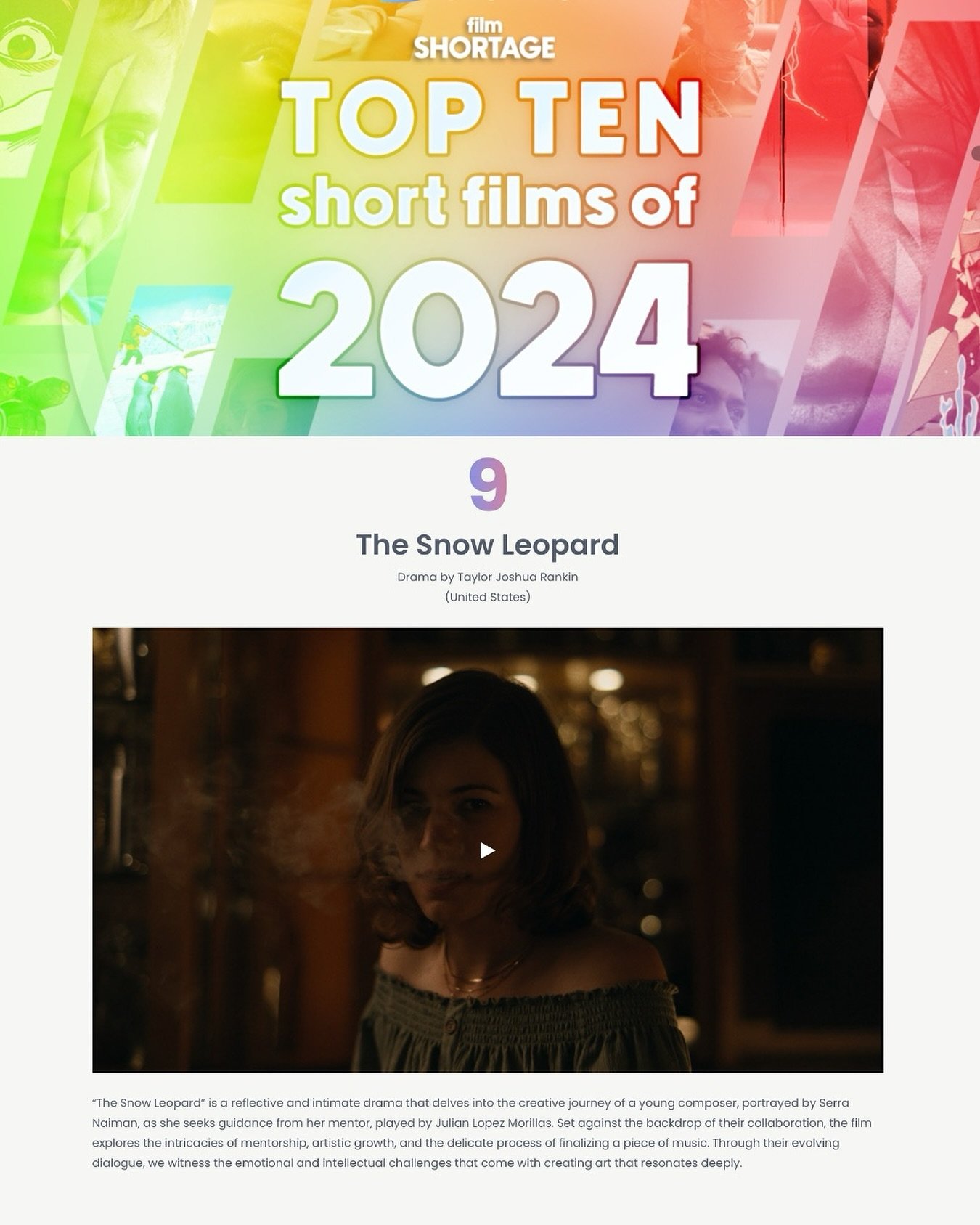 thank you @filmshortage 🎊

congrats team @thesnowleopardshortfilm &hearts;️
Writer/director/composer: @taylorjoshuarankin 
Producers: @annagrobertson @caitdurkin @taylorjoshuarankin 
Production Company: @steponefilms 
Starring: @serra.naiman and Jul