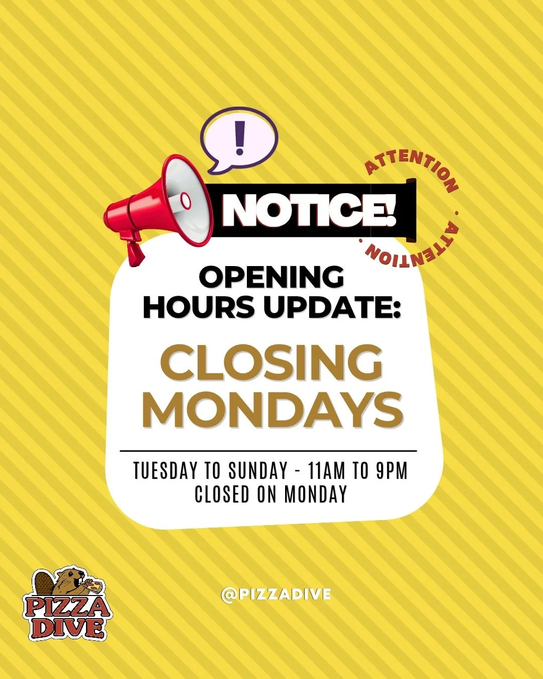 🍕 A quick update from us at Pizza Dive 🍕

Over the summer, we gave Monday evenings a trial run&mdash;at first there was some interest, but as the weeks rolled on (and even with school back in session), the sales just didn&rsquo;t support staying op