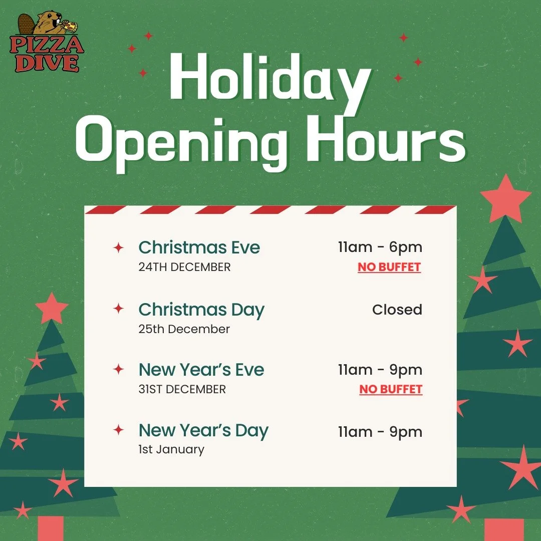 🍕✨ A Little Holiday Heads-Up ✨🍕

It&rsquo;s officially Christmas week, and with the rest of the holiday season unfolding, our schedule looks a little different over the next couple weeks &mdash; including a few adjusted hours and no-buffet Wednesda