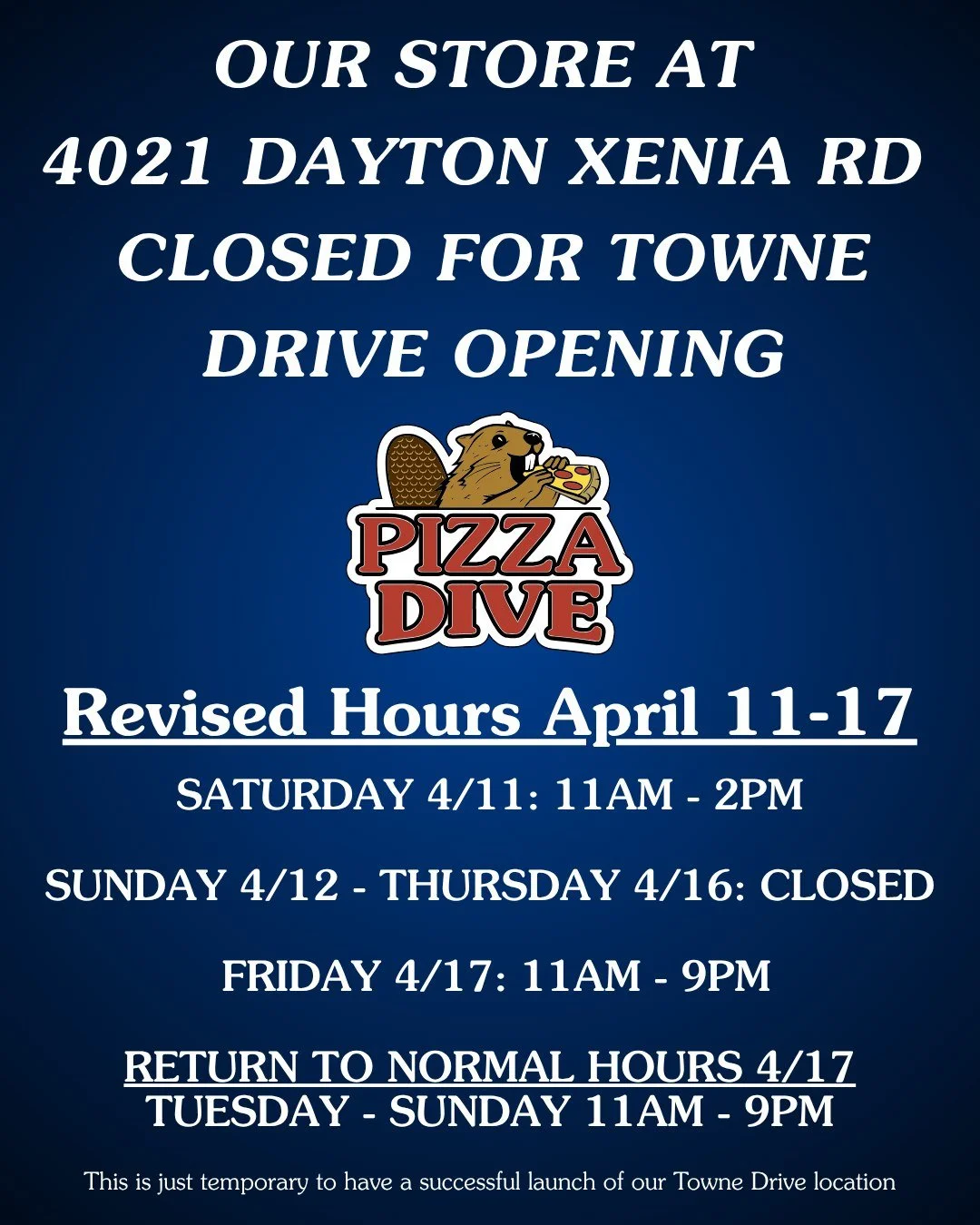 Closing Early at 2pm &mdash; Saturday, April 11th (Dayton Xenia Rd)

Hey Pizza Dive friends &mdash; a quick update for today.
Our Dayton Xenia Rd location will be closing at 2pm as we shift things around and continue preparing for the week ahead.

We