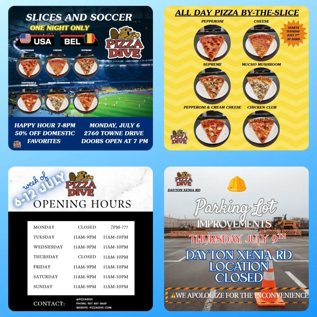 🍕 Just a quick heads-up for the week ahead!

We've got a few things happening this week, so here's a quick rundown:

⚽ Monday
Slices &amp; Soccer at Towne Drive! Join us for the USA vs. Belgium match with All Day Pizza By-The-Slice and Happy Hour fr