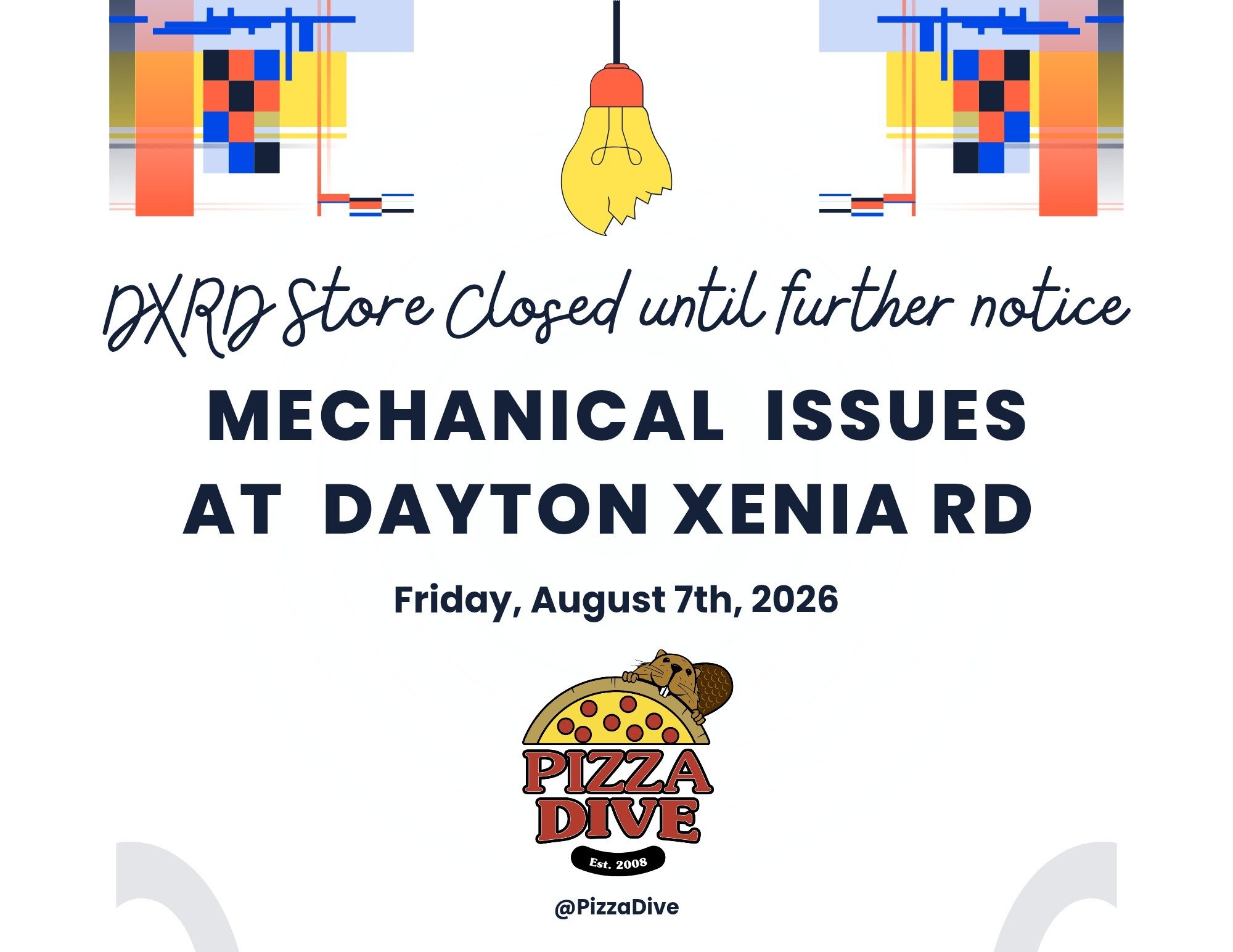 🍕 Towne Drive is OPEN today!

Friday, August 7th: Our Dayton Xenia Rd location is closed until further notice due to mechanical issues within the store.

We&rsquo;re working on getting things resolved and will keep you updated as soon as we know mor