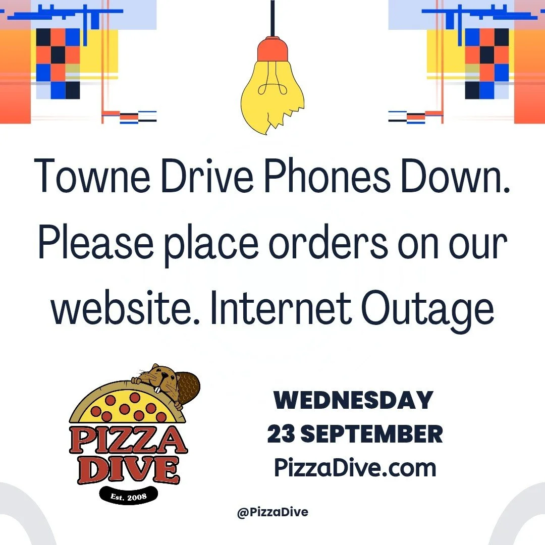 📡 Towne Drive is OPEN! &mdash; Wednesday, September 23rd

Online ordering is available. Our phones are currently offline.

Our Spectrum internet is down, but we have backup 5G in place that&rsquo;s keeping our POS and online ordering up and running.
