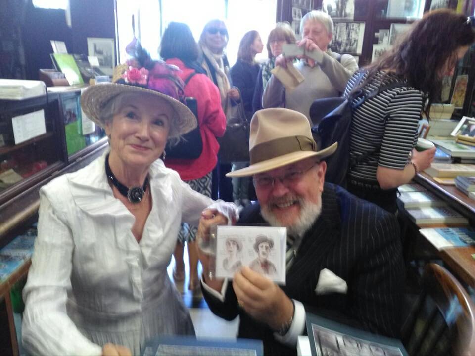Volunteer Brigid Conroy and Senator David Norris at Sweny's on Bloomsday 2017. (from Sweny's Facebook page)
