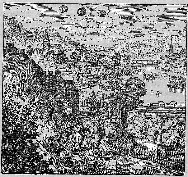 The cubes in this emblem represent prima materia , Michael Maier, 1617
