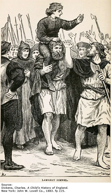  Lambert Simnel carried on the shoulders of his (barefoot) Irish supporters. 