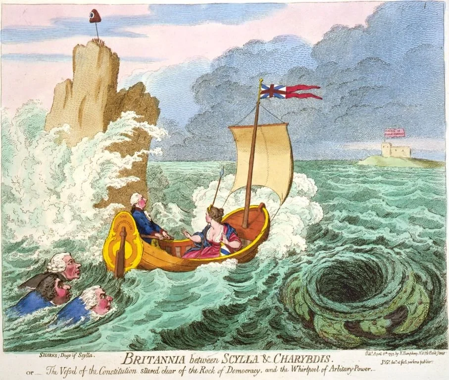  A political cartoon from the 1790’s depicting William Pitt the Younger sailing between Scylla and Charybdis ( Source ) 