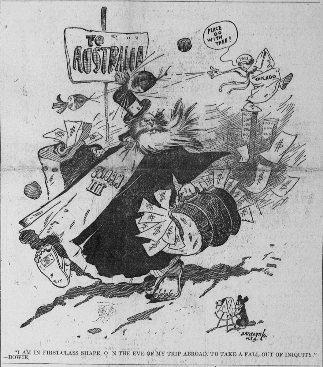 A political cartoon of Dowie fleeing Chicago with carpetbags full of money; Bob Satterfield, The Tacoma Times , 1904