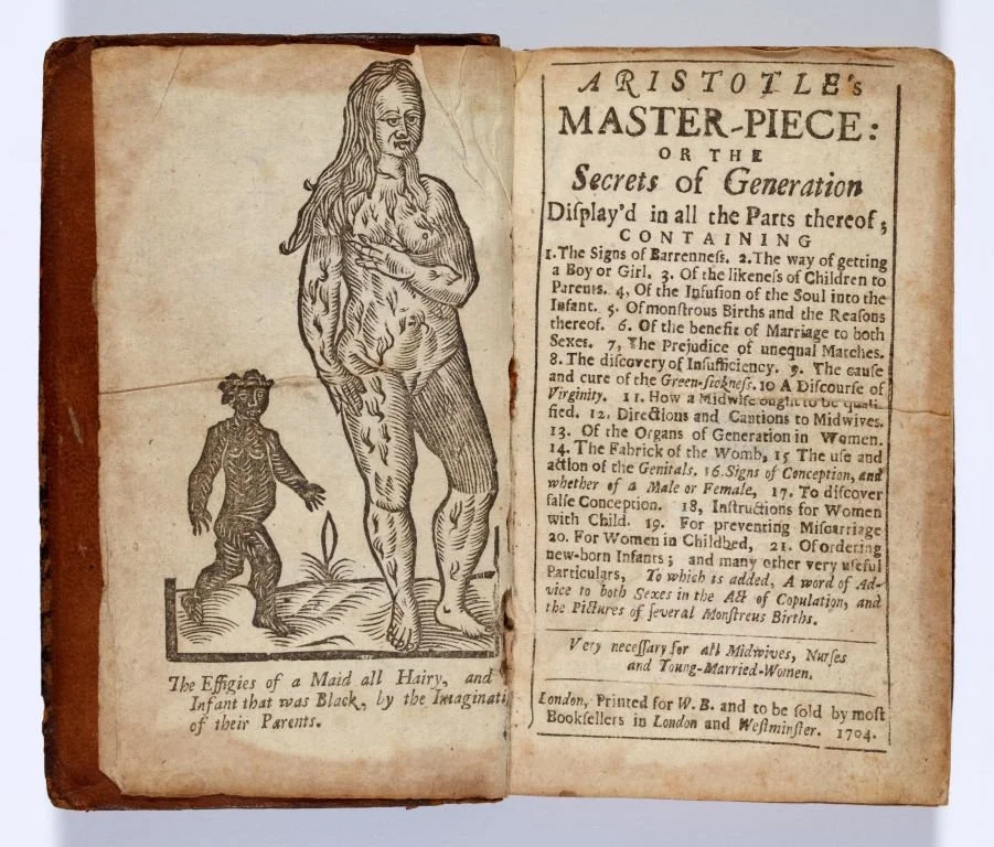  The table of contents from the 1704 edition of  Aristotle’s Masterpiece , promising “Pictures of Several Monsteus Births” ( Source ) 