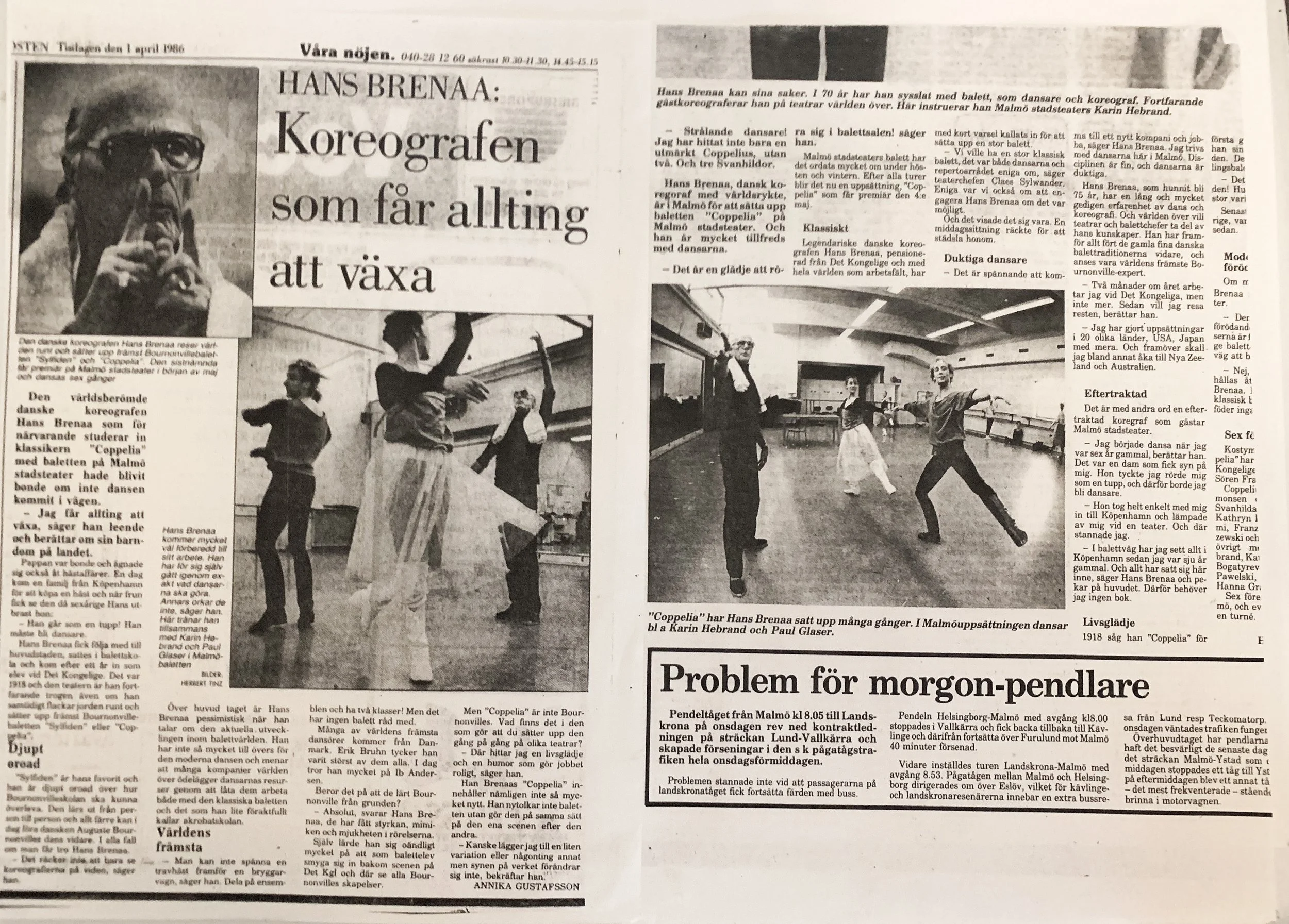 Newspaper page featuring an article about choreographer Hans Brenaa, with a photo of him and images of dancers rehearsing.