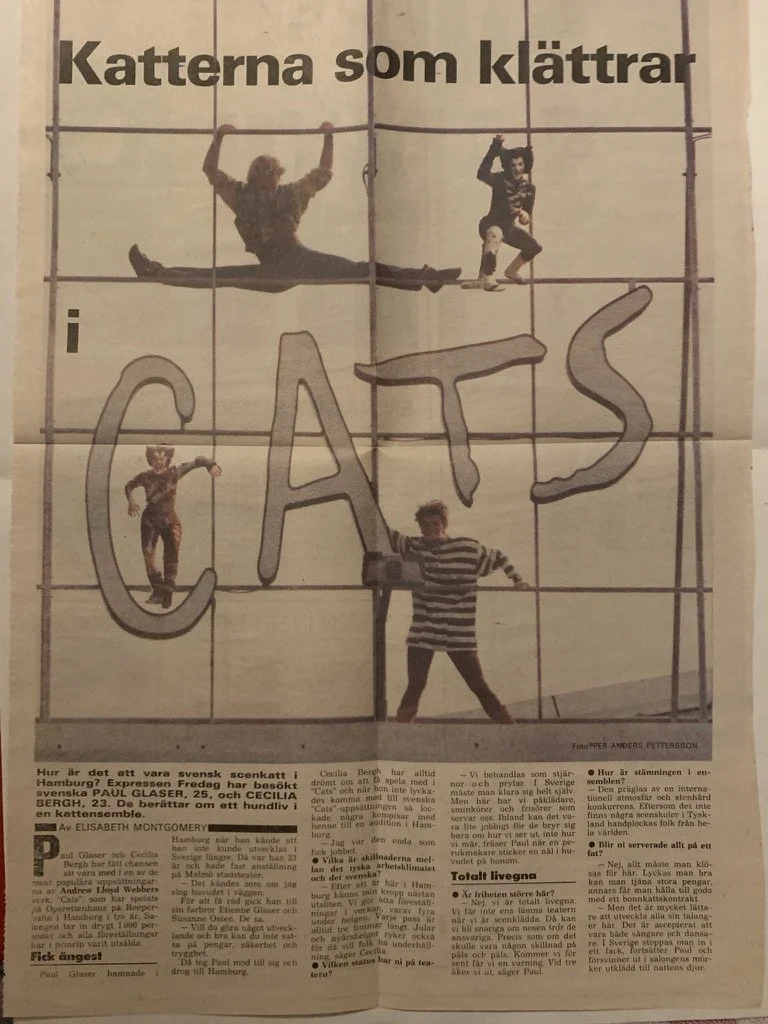 Newspaper ad for the musical Cats featuring performers climbing lettering spelling 'CATS' with Swedish text, headline, and article about the show.