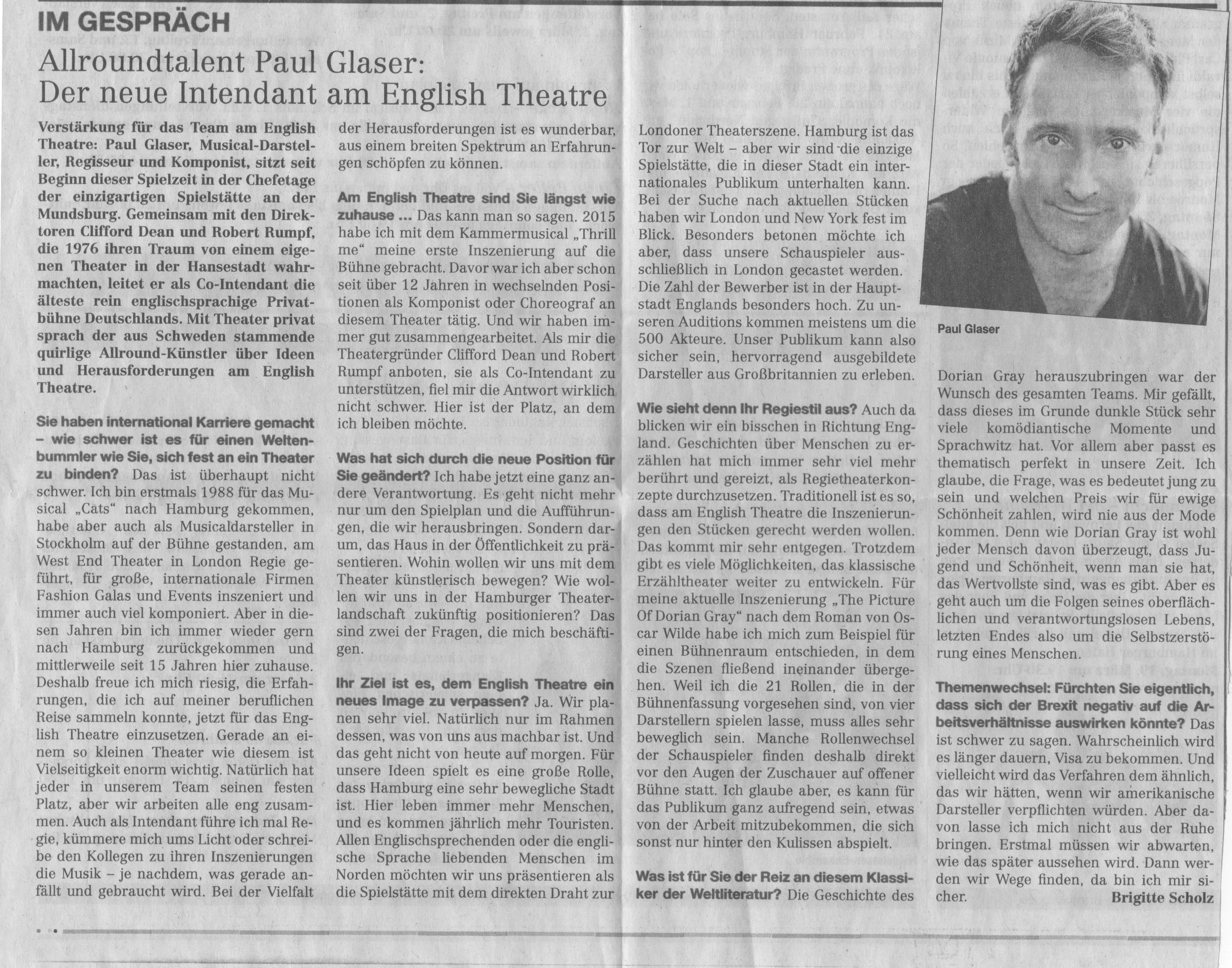 Newspaper article featuring Paul Glaser, introducing him as the new head of the English Theatre. The article discusses his career, international experience, and his vision for the theatre. Includes a photo of Paul Glaser.