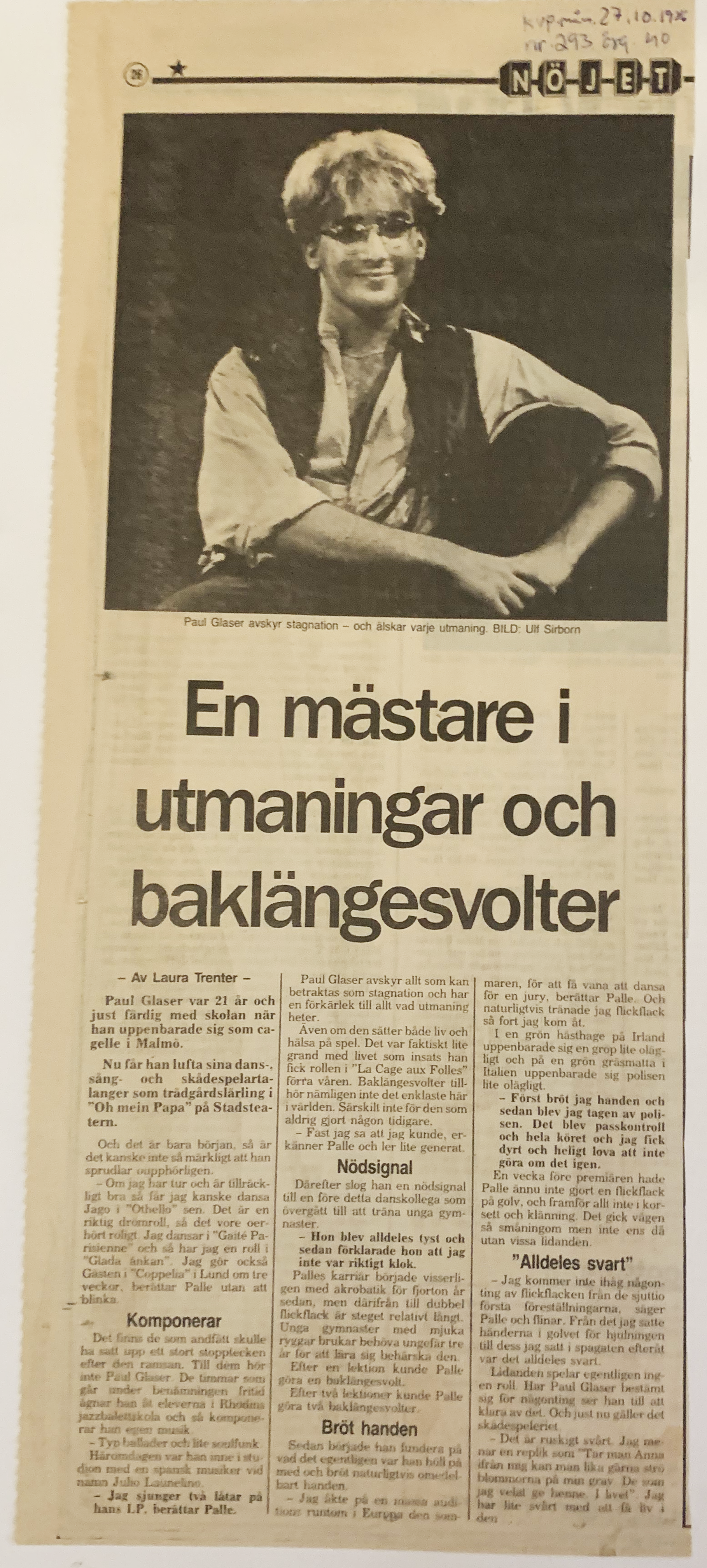 Vintage newspaper clipping featuring an article titled 'En mästare i utmaningar och baklängesvolter,' with a photo of a smiling man in a vest and glasses. The text discusses challenges and accomplishments.
