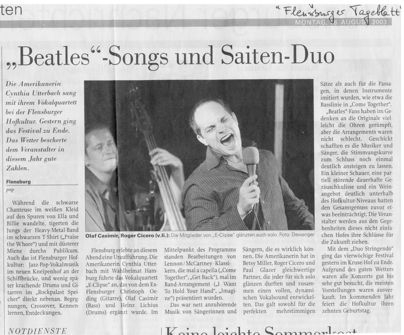 German newspaper clipping featuring an article about a Beatles-themed musical event with images of performers and text.