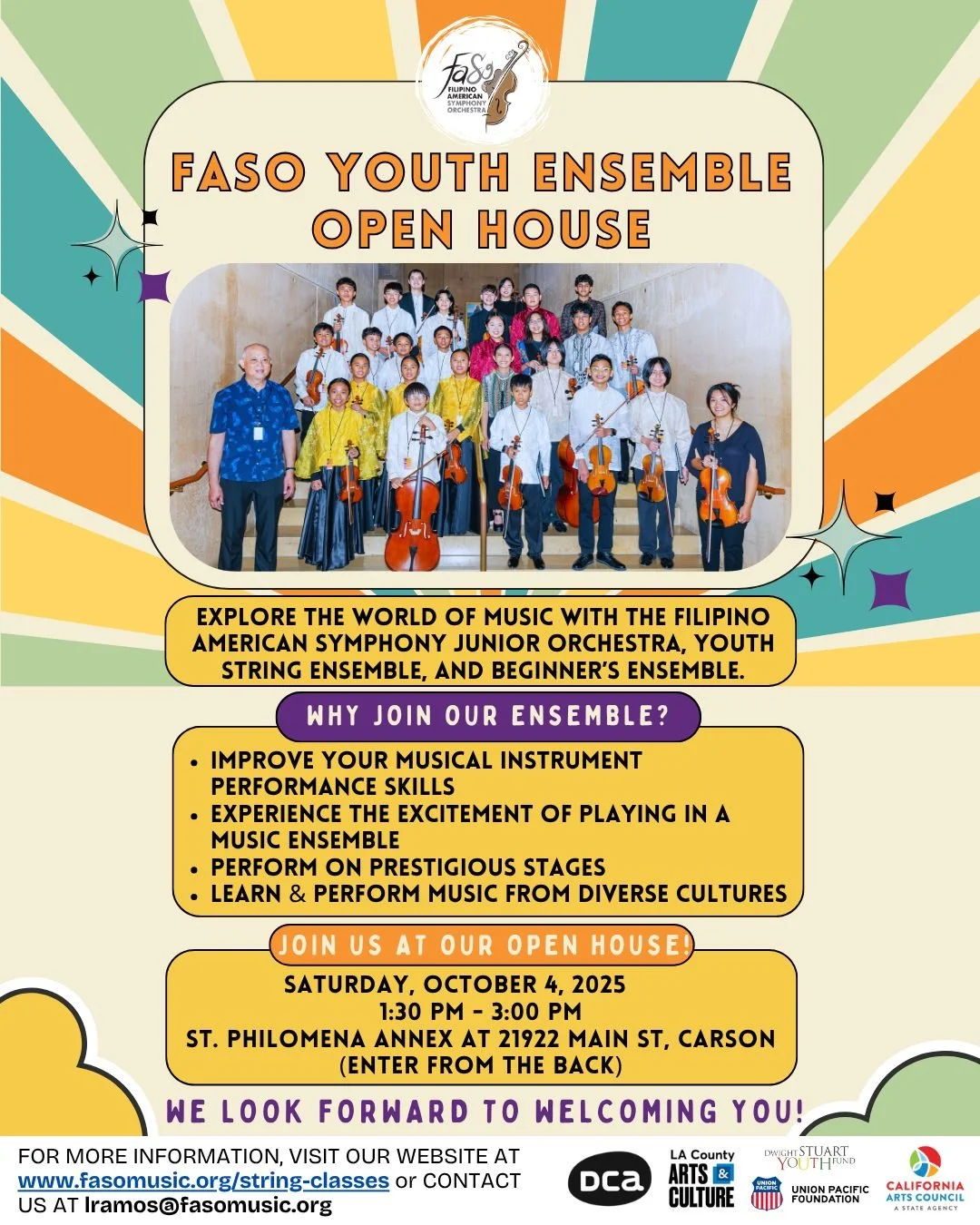 π»Attend the FASO Youth Ensemble Open House and get the chance to join the Filipino American Symphony Junior Orchestra, Youth String Ensemble, or Beginner’s Ensemble!
β¨ Why join?
πΌ Improve your instrument skills
πΆ Experience the thrill of en