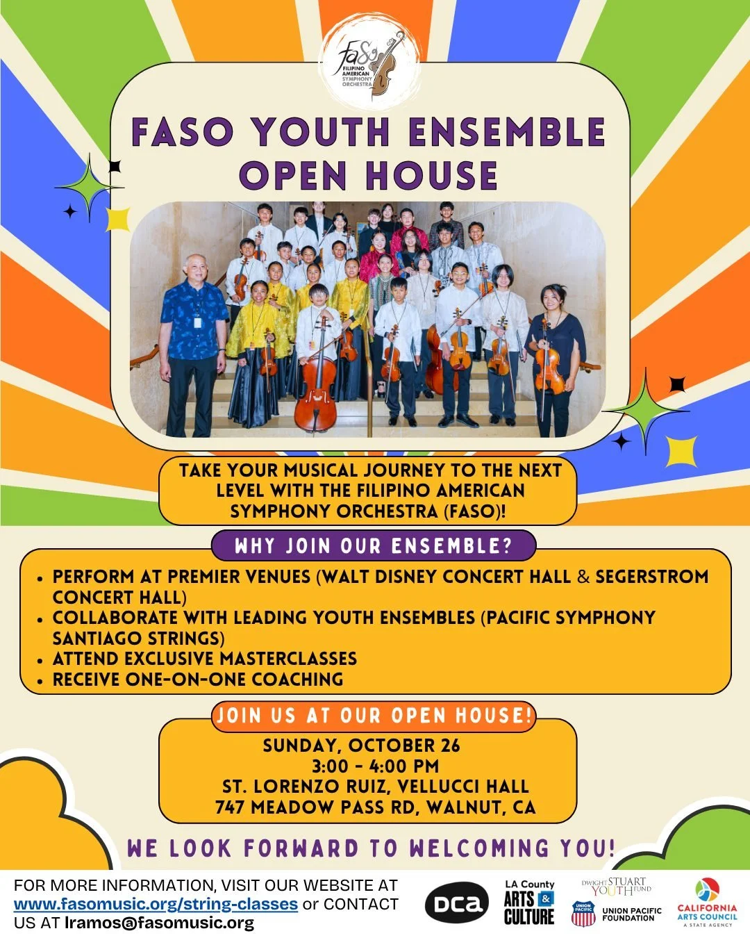 Take your musical journey to the next level with the Filipino American Symphony Orchestra (FASO)! π»
Why join our ensemble?
πΆ Perform at premier venues like Walt Disney Concert Hall & Segerstrom Concert Hall
π€ Collaborate with leading youth en