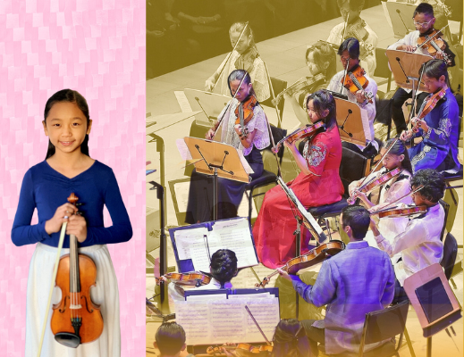 A young girl holding a violin, smiling at the camera, with a pink textured background.