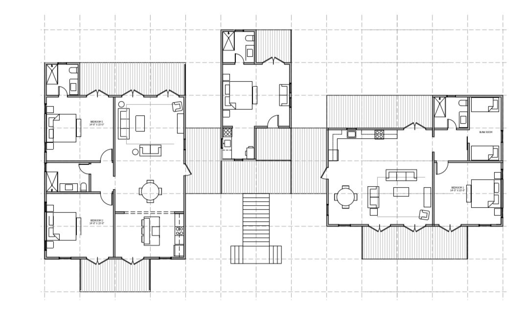  Flexible layout 5 Bedrooms, 4 Bathrooms, 2640 Sq. Ft. / 44 Modules. Separate units by breezeways, ideal for flexible rental.  