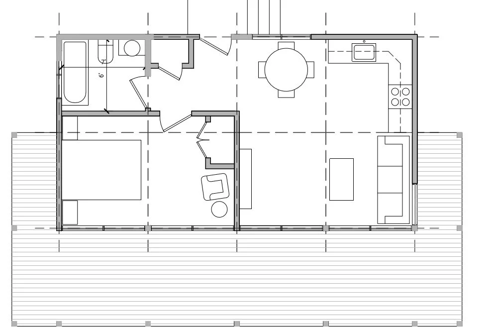  1 Bedroom 480 Sq. Ft/ 8 Modules. 360 Sq. Ft Porch.  