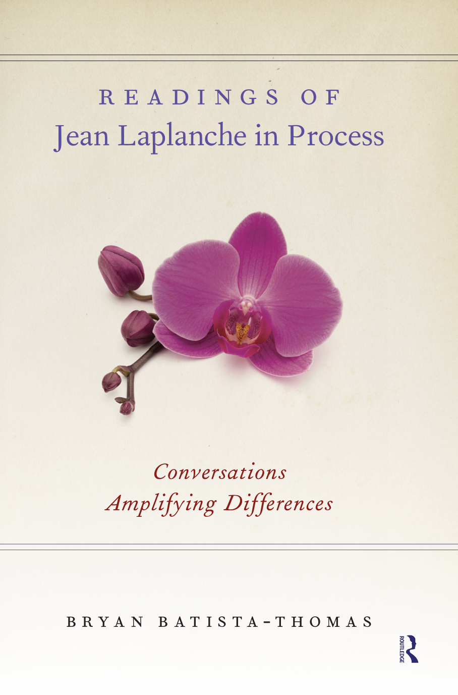 Book cover titled "Readings of Jean Laplance in Process" with a pink orchid flower and buds on a light background.