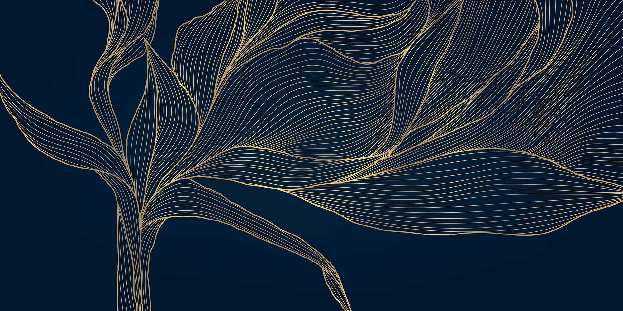 Abstract digital illustration of stylized leaves in gold lines on a dark blue background.