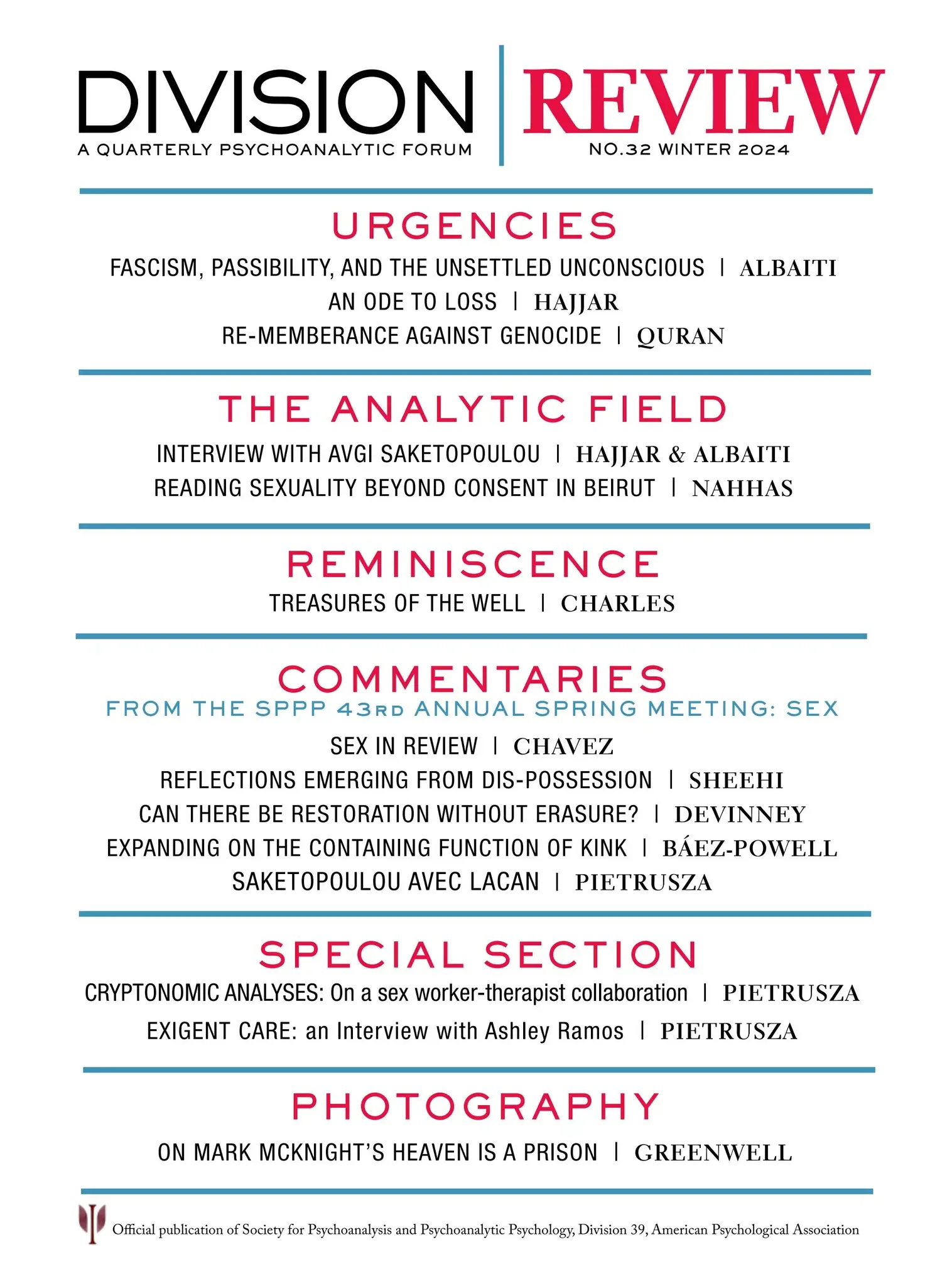 Cover page of Division Review, Winter 2024, issue No. 32, featuring contents on urgencies, the analytic field, reminiscence, commentaries, a special section, and photography.