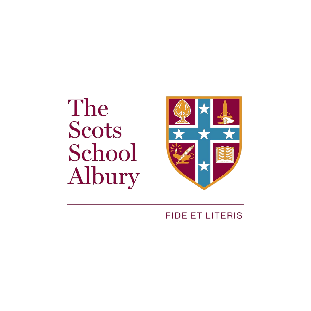 Logo of The Scots School Albury featuring a shield with symbols and the Latin motto "Fide Et Literis" and the school name written beside it.