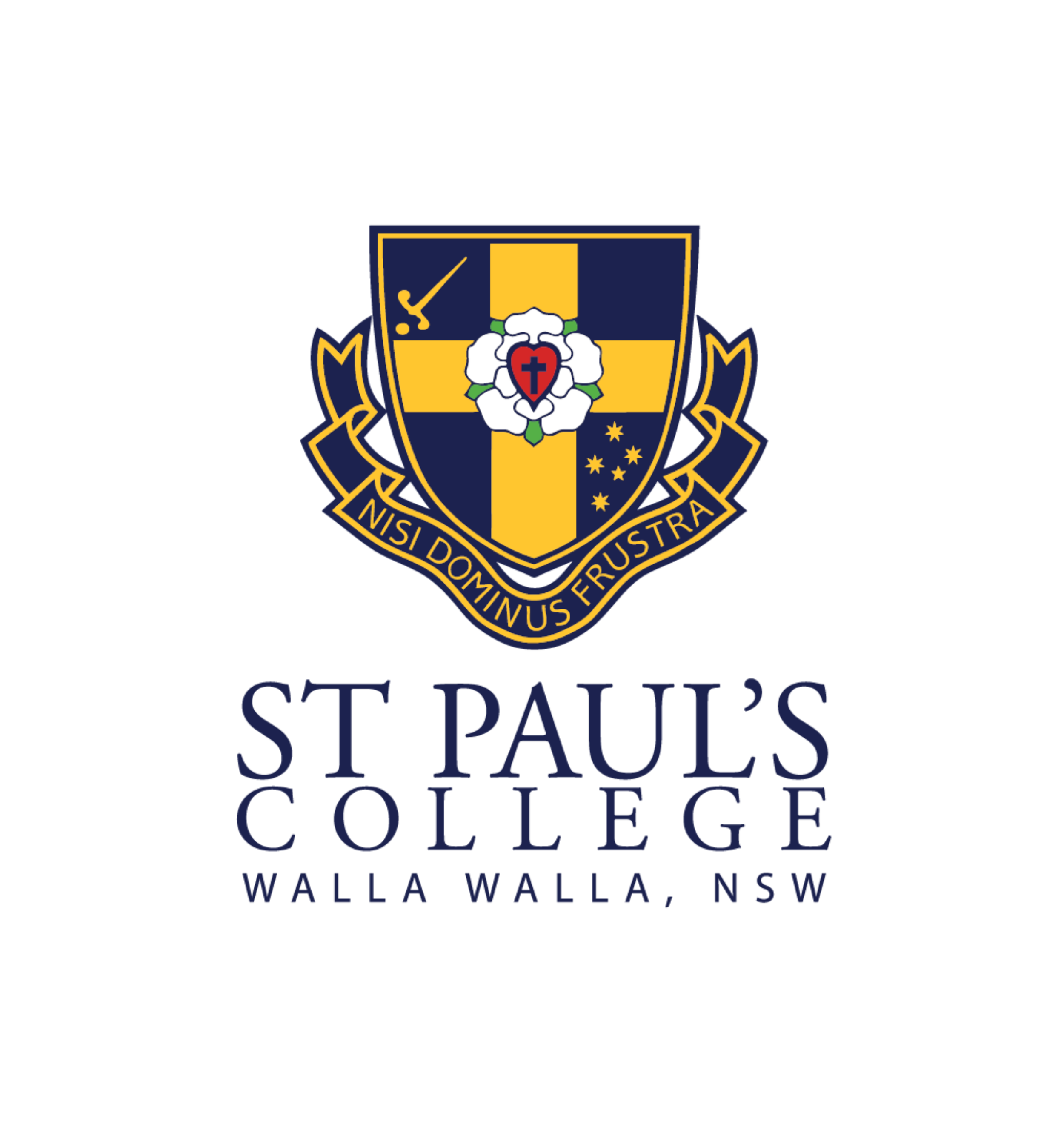The logo of St. Paul's College in Walla Walla, NSW, featuring a shield with a sword, a cross, a rose with a heart, and stars, with a banner that reads "Nisi Dominus Frustra" and the college name below.