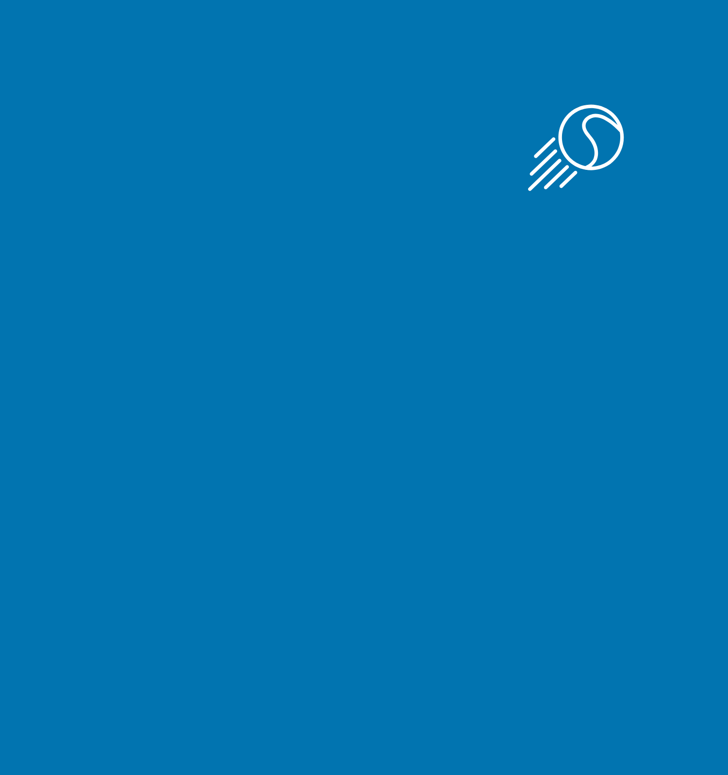 Icon of a tennis ball with motion lines against a blue background.