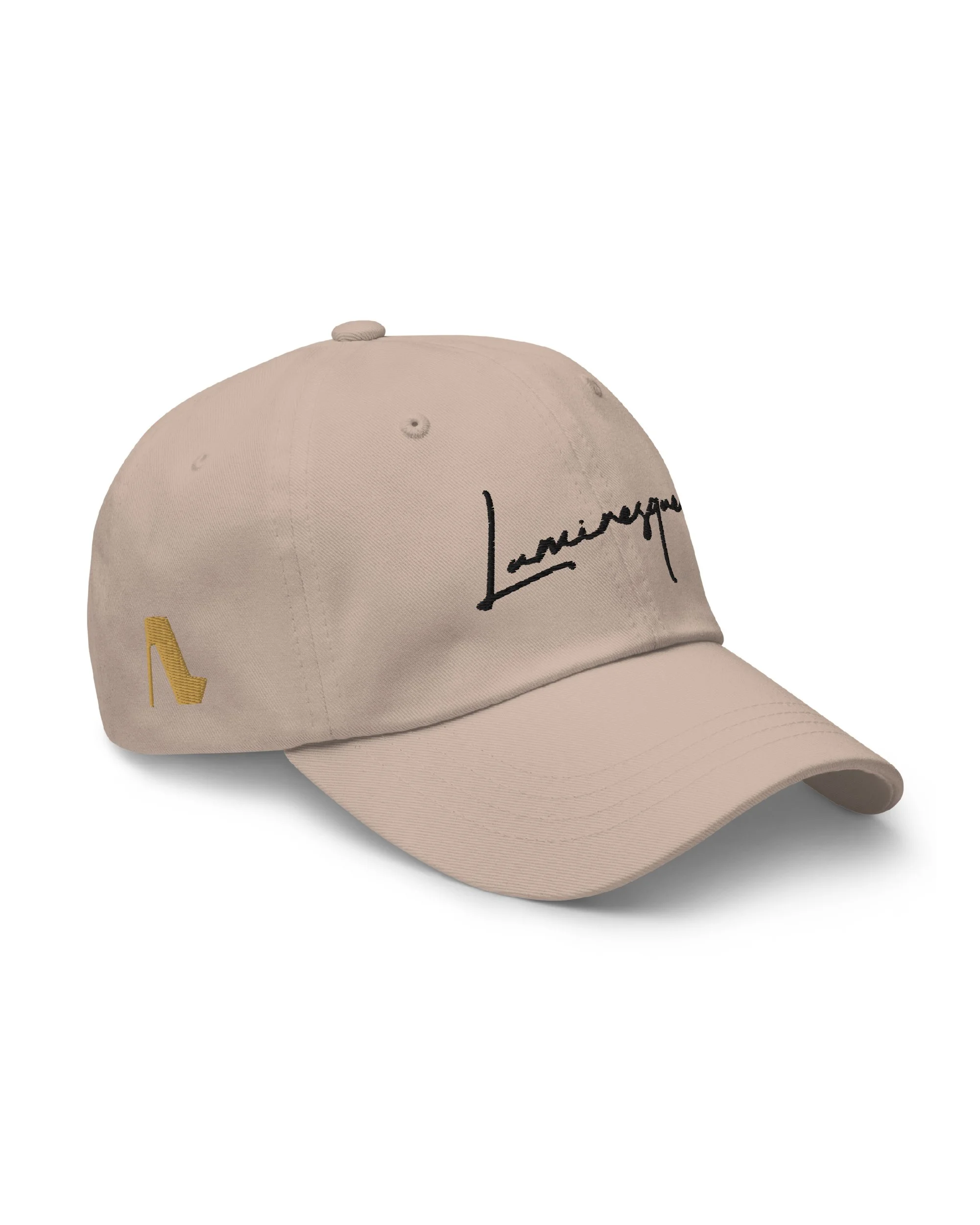 BEIGE EMBROIDERED CAP | Feel like a celebrity in this gorgeous embroidered cap with script text and a subtle gold heel on the side. 100% chino cotton twill & adjusts with a metal buckle.