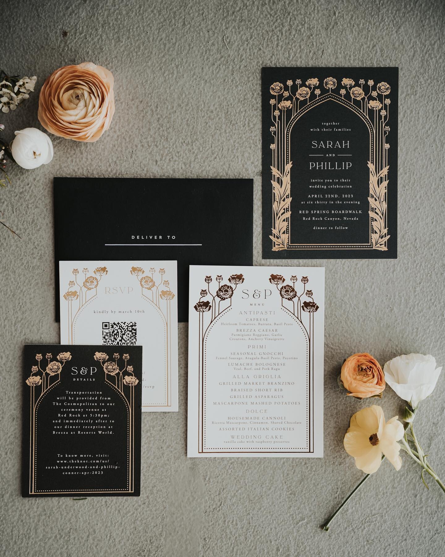 Don&rsquo;t mind me staring at all the textures from Sarah &amp; Phillip&rsquo;s stationery. I love the bold colors contrasted with the shiny rose gold foil. Can we also take a moment to appreciate Jamie&rsquo;s composition of having these displayed 