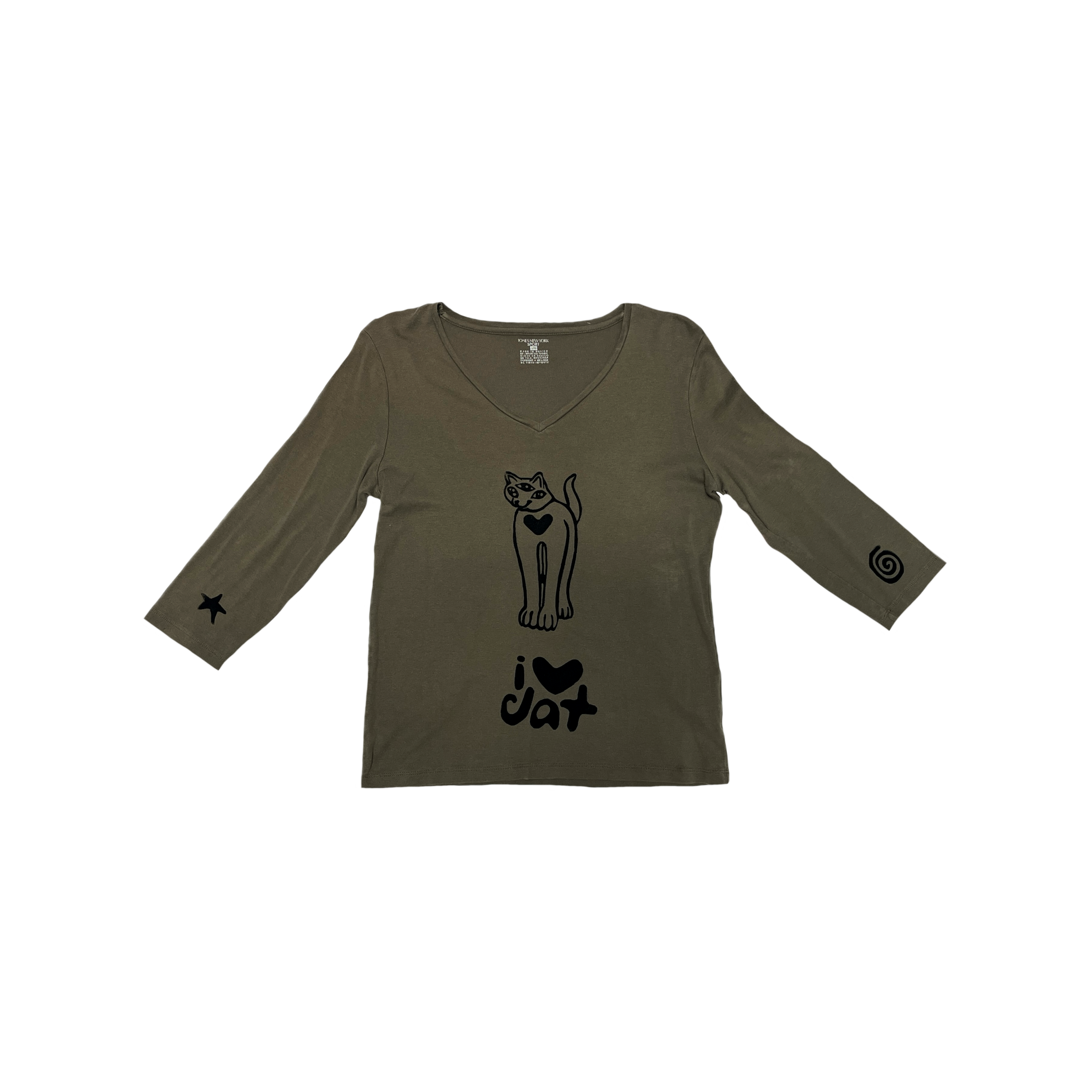 handprinted olive green 3/4 sleeve top