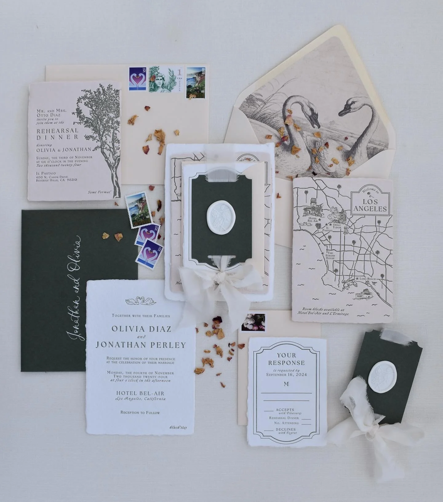 Romantic swans, intricate map details and soft textures, all with a touch of contemporary LA style. 🦢