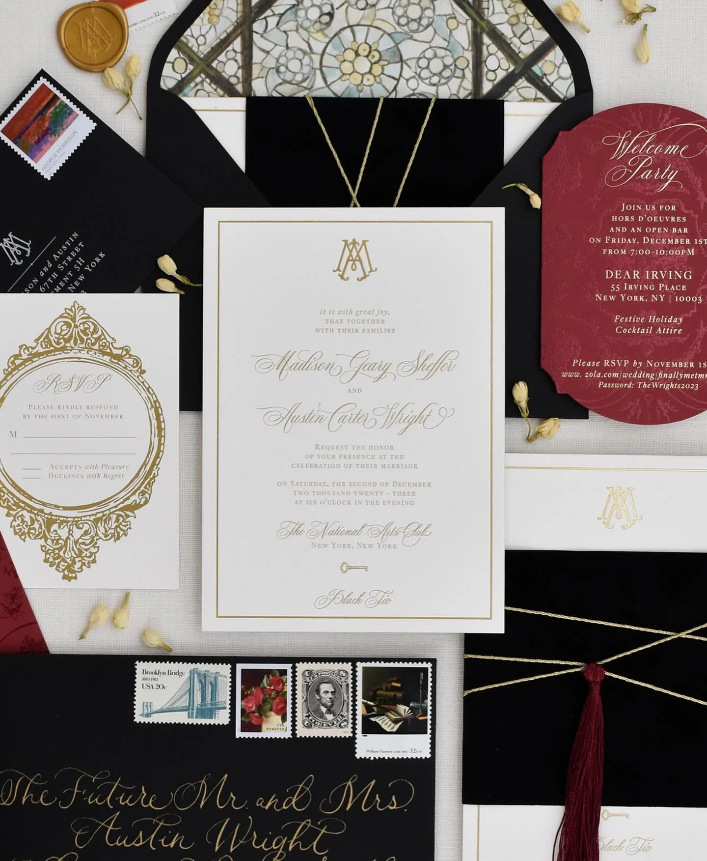 Velvet, gold foil, and watercolor stained glass details bring fine art elegance to this New York wedding suite. 🖤