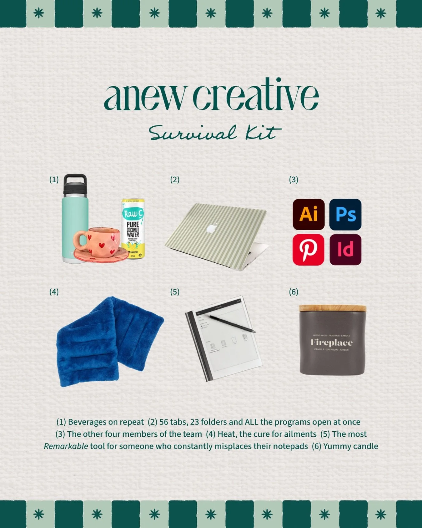 My work-from-home survival kit 💻

A ridiculous number of tabs open, caffeine and hydration on rotation, a heat pack (because apparently my body thinks I&rsquo;m 85) and enough creative programs running to send my laptop into early retirement.

Oh, a