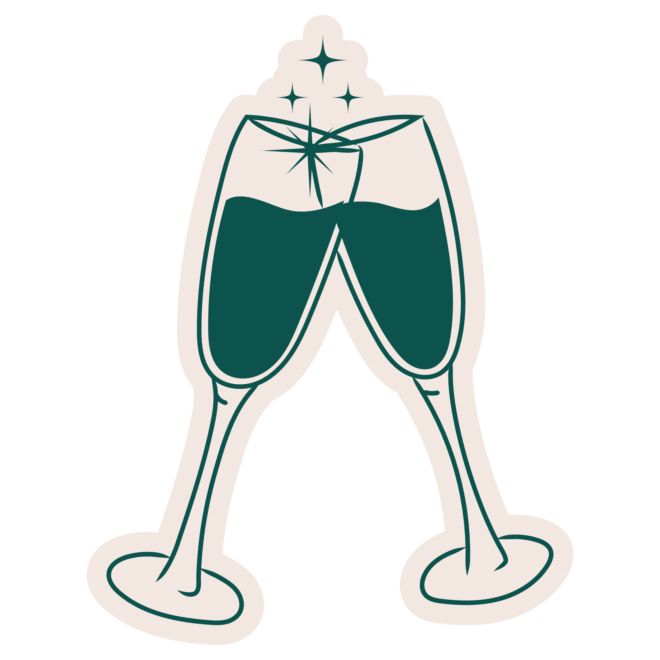 Two champagne glasses clinking together with sparkles above.