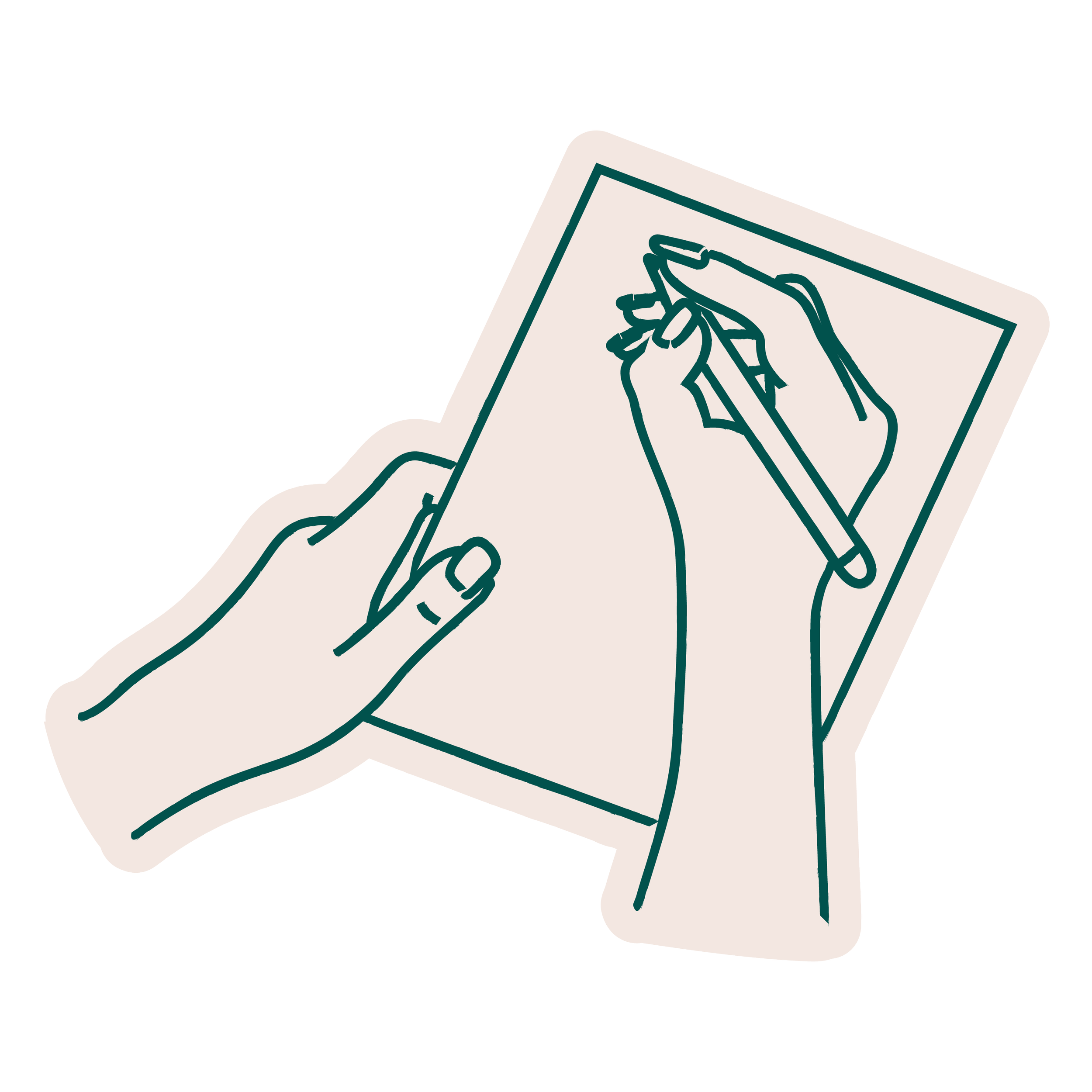 Line drawing of a person holding a photograph of a hand drawing on paper with a pen.