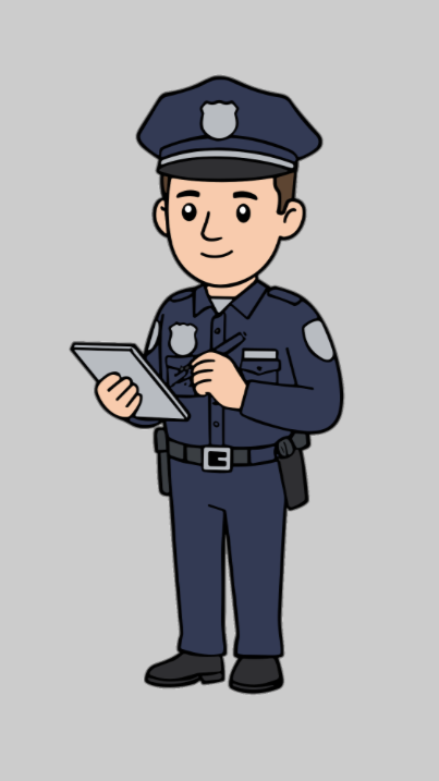 Cartoon illustration of a police officer holding a tablet.