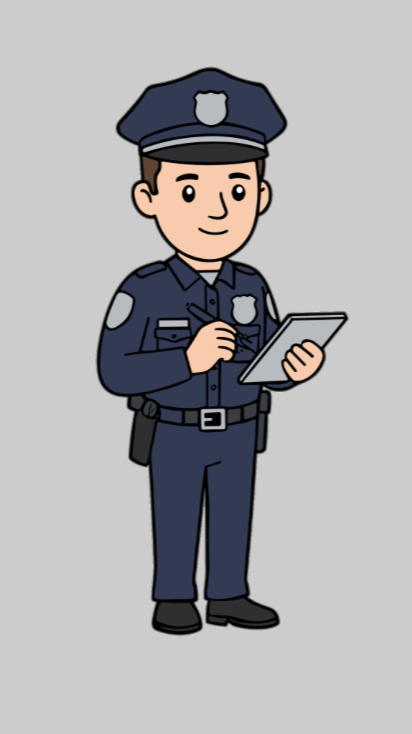 Cartoon police officer in uniform holding a notepad and pen.