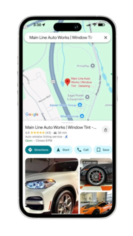 Smartphone screen displaying a Google map with a location pin for Main Line Auto Works, along with images of a white car, a car wheel, and an orange sports car.