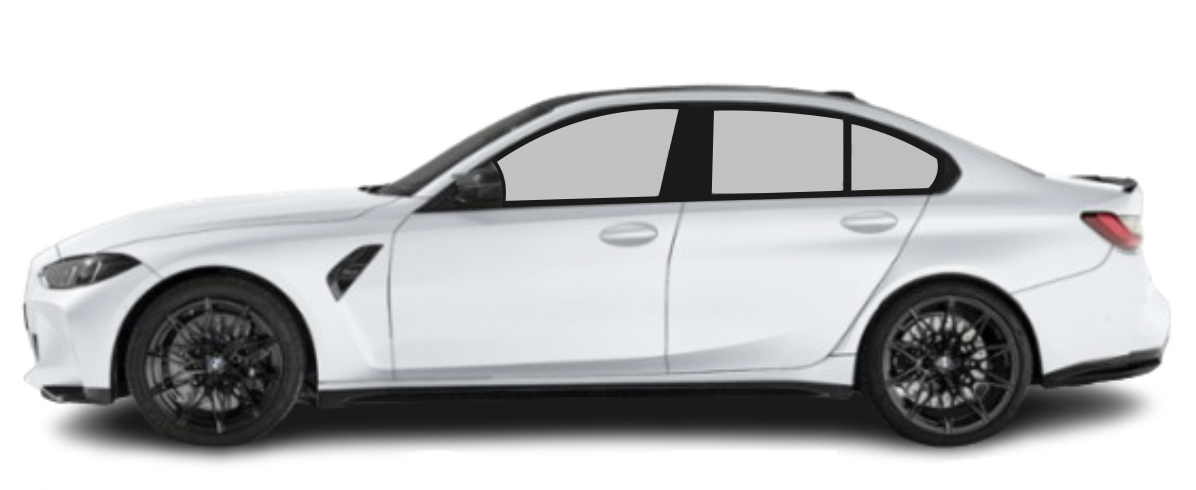 Side view of a white sedan car with black wheels and tinted windows.