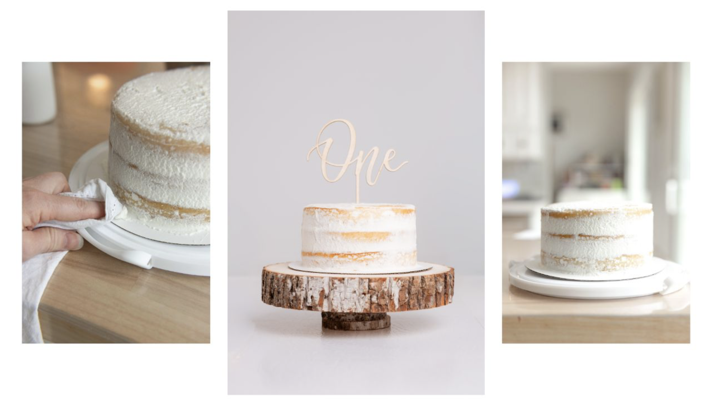 3 photos of the process of making a one year birthday cake