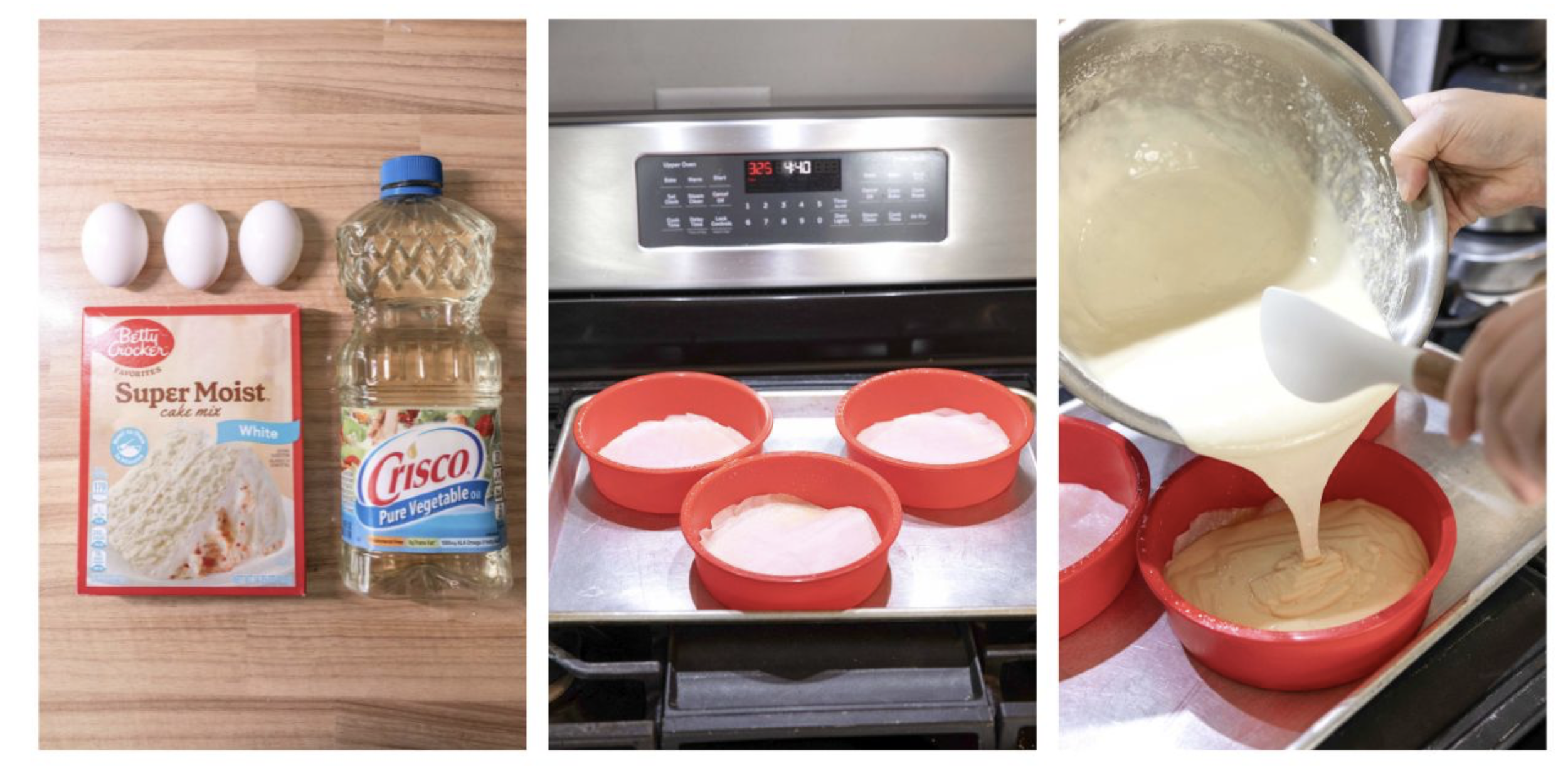 3 photos of the process and ingredients of making a one year birthday cake