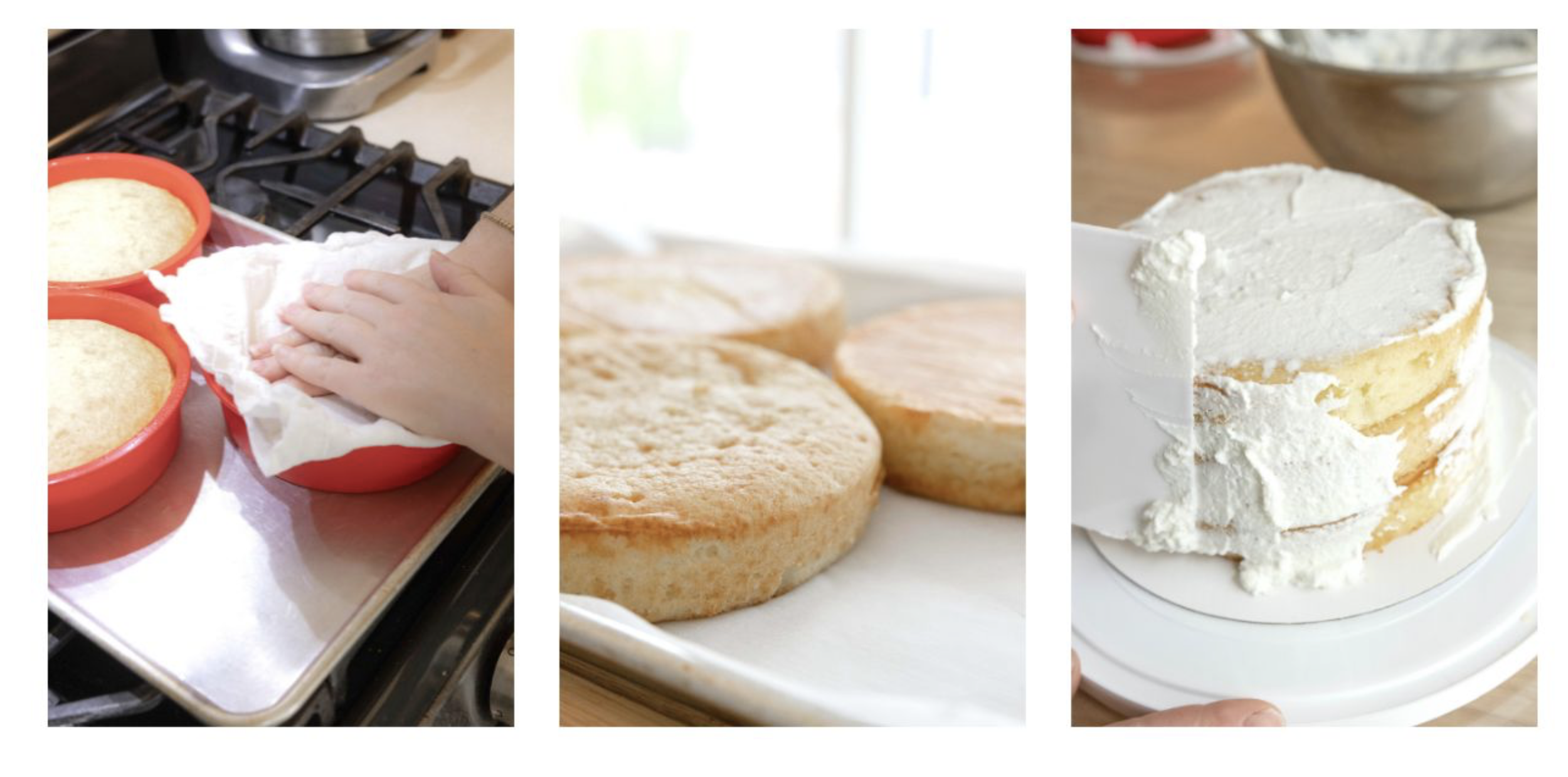 3 photos of the process of making a one year birthday cake