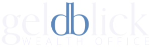 Logo mit dem Text 'geldblick WEALTH OFFICE' in weiß und blau auf schwarzem Hintergrund.